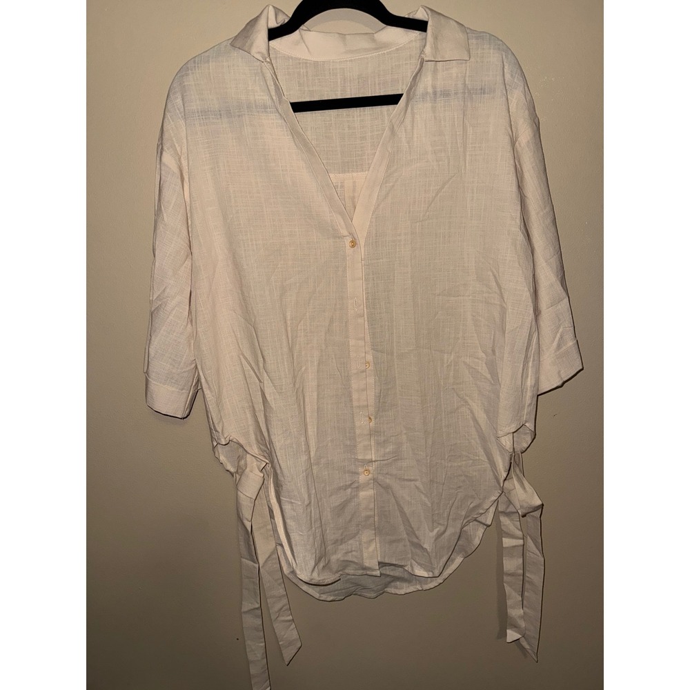 Beachy Cream Cotton Flax Side Tie Button Up Shirt Large Relaxed Coastal Boho
